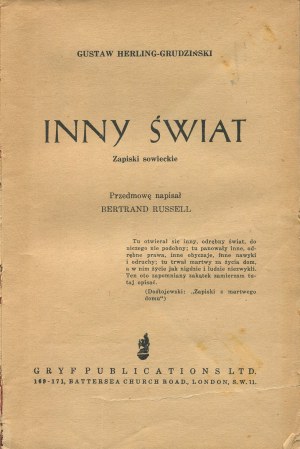 HERLING-GRUDZIŃSKI Gustaw - Inny świat. Zapiski sowieckie [First edition London 1953].