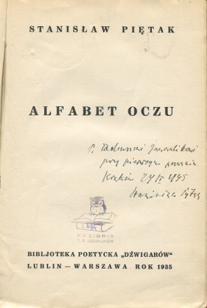 PIĘTAK Stanisław - Alphabet of the Eyes [debut] [first edition 1935] [AUTOGRAPH AND DEDICATION].