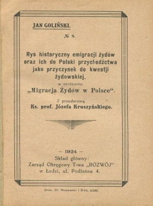 GOLINSKI Jan - Migration of Jews in Poland. Rys historyczny emigracji Żydów oraz ich do Polski przychodźstwa jako przyczynek do kwestii żydowskiej [1924].