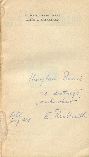 REDLIŃSKI Edward - Letters from Rhubarb [debut] [first edition 1967] [AUTOGRAPH AND DEDICATION].