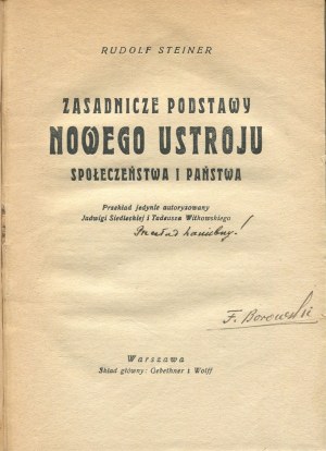STEINER Rudolf - Fundamental foundations of the new system of society and the state [first edition 1927].