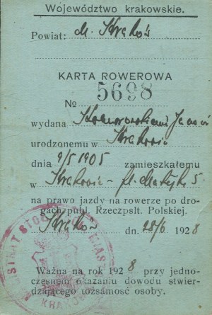 Bicycle card for the right to ride a bicycle on the public roads of the Republic of Poland, issued in Krakow on June 28, 1928.
