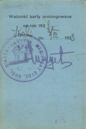 Bicycle card for the right to ride a bicycle on the public roads of the Republic of Poland, issued in Krakow on June 28, 1928.