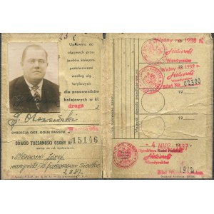 Dowód tożsamości Józefa Otorowskiego, maszynisty parowozowni Siedlce, uprawniający do ulgowych przejazdów kolejami państwowymi [1937]