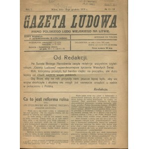 Gazeta ludowa. Pismo polskiego ludu wiejskiego na Litwie. Numer 11-12 z 25 grudnia 1919 roku [Wilno]