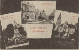 [Postcard] Stanislawow. Mickiewicz monument. Jachowicza street. Falcon