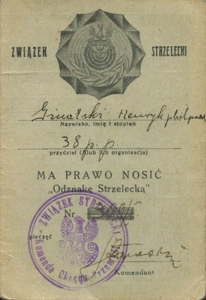 Rifleman's Association. Permission to wear the Rifleman's Badge [Przemyśl 1932-1935].