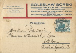 Post card with company correspondence. Boleslaw Gorski, Przemyśl. Warehouse of textile goods, linen, silks [1936].
