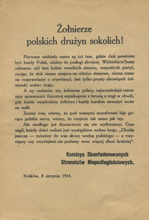 [Leaflet print] Soldiers of the Polish falconry teams! Cracow, August 8, 1914