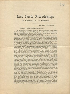 [Leaflet print] Letter from Jozef Pilsudski to Professor N.... Cracow [1917].