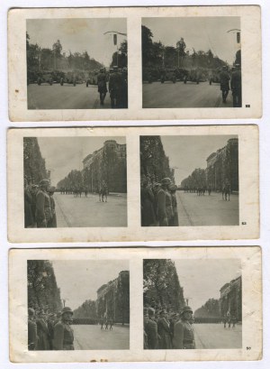 [set of 6 stereoscopic photographs] German army parade in Warsaw on October 5, 1939