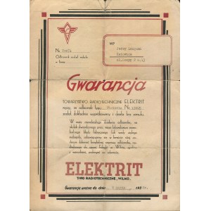 Guarantee of efficiency of the purchased radio receiver Victoria of the Radiotechnical Society Elektrit [Vilnius 1938].