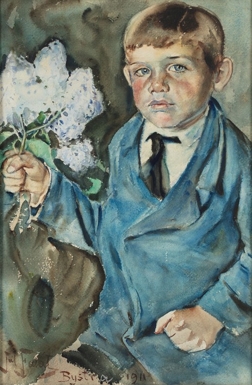 Julian Fałat (1853-1929), Chłopiec z gałązką bzu, 1911