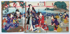 Toyohara Kunichika (1835-1900), [tryptyk] Scena na brzegu, 1850-1872
