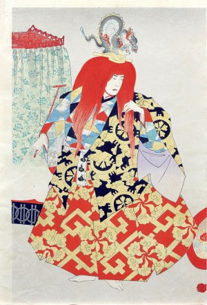 Toyohara Chikanobu (1838-1912), Za kulisami teatru No, z serii: „Wnętrze pałacu Chiyoda”, wyd. Fukuda Hatsujiro, Japonia, 1895 r.