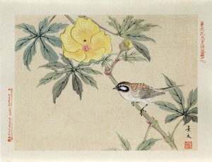 Matsumura Keibun (1779 - 1843, Kioto), Ptak i żółty kwiat, wyd. Aoki Kôsaburô, Japonia/Osaka, 1892