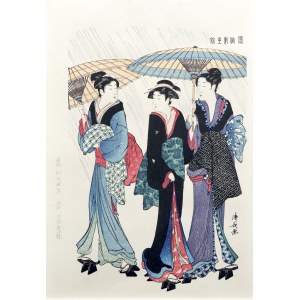 Kiyonaga Torii (1752-1815), Kobiety w deszczu, z serii: Współczesne obyczaje, wyd. Kogado, Japonia, okres Showa, po 1960 r.