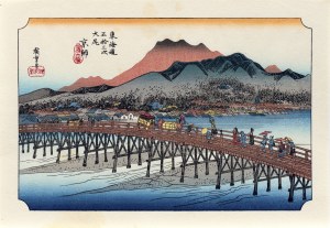 Utagawa Hiroshige (1797 - 1858), Wielki most Sanjo w Kioto, z serii: Pięćdziesiąt trzy stacje na gościńcu Tōkaidō, Japonia, okres Showa, po 1960 r.