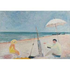 Irena WEISS - ANERI (1888-1981), Na plaży I - Artysta i jego modelka - Wojciech Weiss malujący nad morzem, 1935