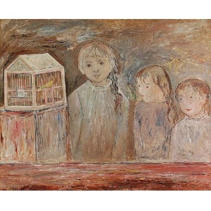Tadeusz MAKOWSKI (1882-1932), Trzy dziewczynki przed klatką z ptaszkiem, 1923