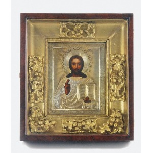 Ikona - Chrystus Pantokrator, w okładzie srebrnym i kiocie