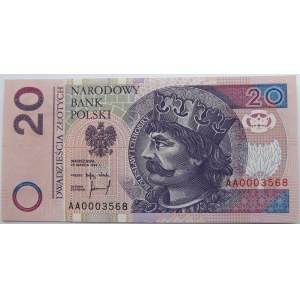 Polska, III RP, 20 złotych 1994, seria AA 000...., UNC