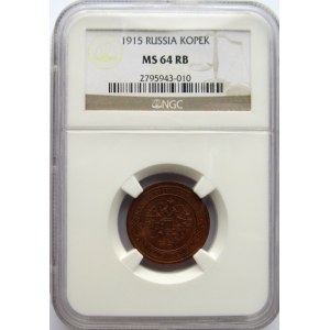 Rosja, Mikołaj II, 1 kopiejka 1915, Petersburg, NGC MS64 RB