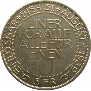 Szwajcaria, 5 franków 1939, Zawody Strzeleckie w Luzernie, UNC