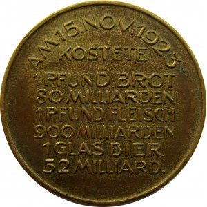 Niemcy, medal inflacyjny z 15 listopada 1923 roku pokazujący ceny żywności