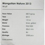 Mongolia, 500 tugrików 2013, Wilk, srebro (1/2 uncji) pozłacane, rzadkie