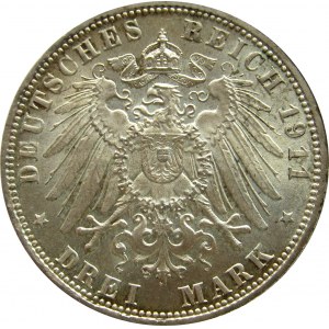Niemcy, Bawaria, Luitpold 3 marki 1911 D, Monachium, UNC-