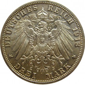Niemcy, Prusy, Wilhelm II, 3 marki 1913 A, Berlin, UNC