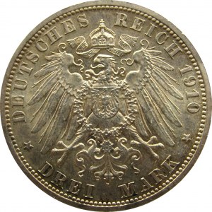 Niemcy, Saksonia, 3 marki 1910 A, Berlin, Wilhelm Ernest i Fedora, piękne
