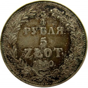 Mikołaj I, 3/4 rubla/5 złotych 1840 MW, Warszawa, bardzo ładny egzemplarz