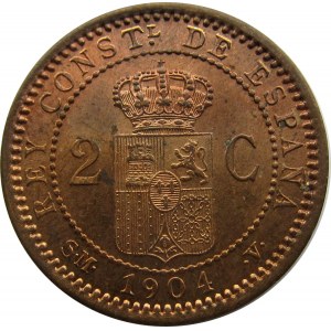 Hiszpania, Alfonso XIII, 2 centimos 1904, PIĘKNE, UNC