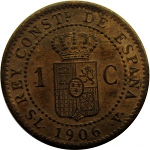 Hiszpania, Alfonso XIII, 1 centimo 1906, PIĘKNE