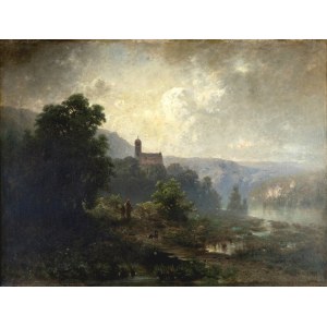 Aleksander Władysław MALECKI (1836 - 1900), Krajobraz z sylwetą kościoła (Krajobraz górski, Krajobraz z okolic Monachium), 1869 r.