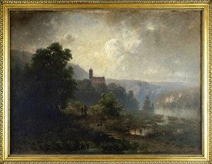 Aleksander Władysław MALECKI (1836 - 1900), Krajobraz z sylwetą kościoła (Krajobraz górski, Krajobraz z okolic Monachium), 1869 r.
