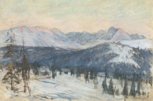 Władysław SERAFIN (1905-1988), Pejzaż górski zimą o wschodzie słońca