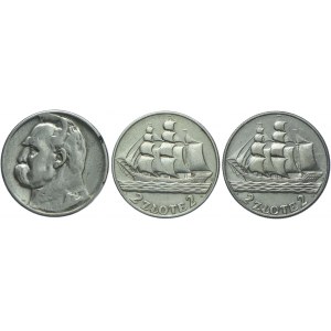 Zestaw II RP, 2 złote 1934, Józef Piłsudski, 1936 Żaglowiec (3szt.)