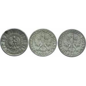 Zestaw II RP, 2 złote 1934, Józef Piłsudski, 1936 Żaglowiec (3szt.)