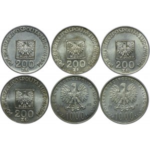 PRL, 200 złotych 1974 XXX-lat PRL, 1000 złotych 1982, Jan Paweł II (6szt.)