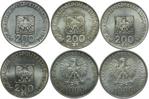 PRL set, 200 zloty 1974 XXX years of PRL, 1000 zloty 1982, John Paul II (6pcs).
