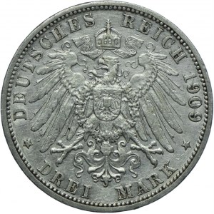 Niemcy, Badenia, Fryderyk II, 3 marki 1909 G, Karlsruhe