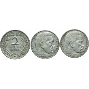 Niemcy, III Rzesza, zestaw 2 marki 1939 A, F, Weimar 2 marki 1929 D (3szt.)