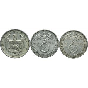 Niemcy, III Rzesza, zestaw 2 marki 1939 A, F, Weimar 2 marki 1929 D (3szt.)