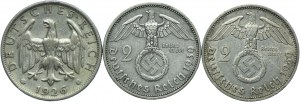 Germany, Third Reich, set of 2 marks 1939 A, F, Weimar 2 marks 1929 D (3pcs).