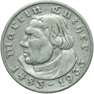 Niemcy, III Rzesza, 2 marki 1933 F, Stuttgart, Martin Luter