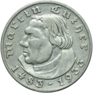 Germany, Third Reich, 2 marks 1933 F, Stuttgart, Martin Luther