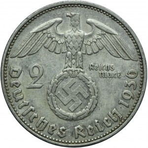 Niemcy, III Rzesza, 2 marki 1936 E, Muldenhütten, Paul von Hindenburg